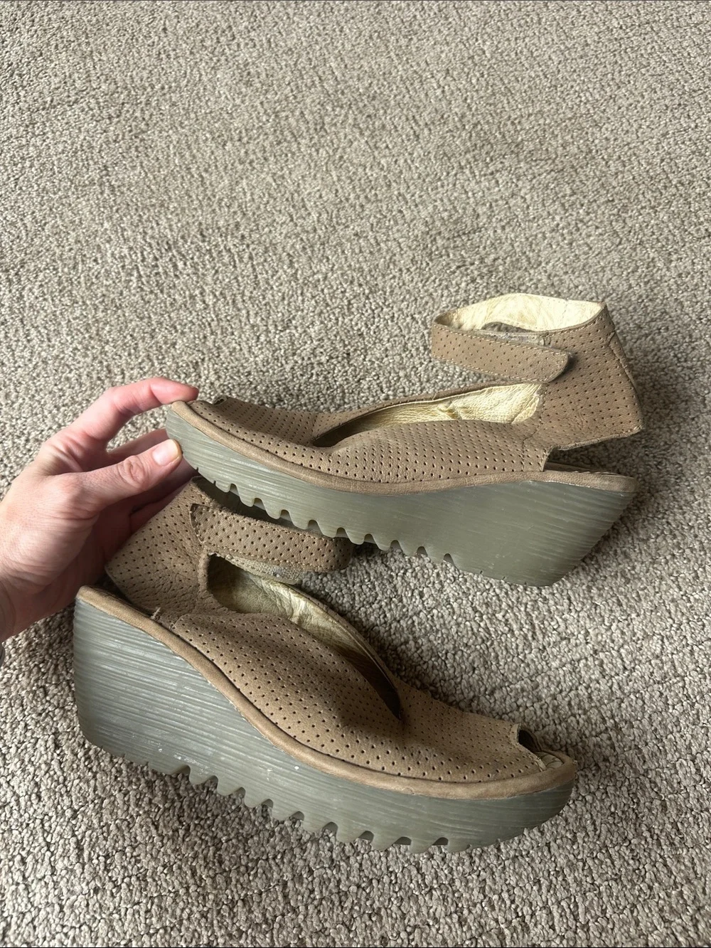 Fly London tan Yala Perforated Peep-Toe Wedge Sandals